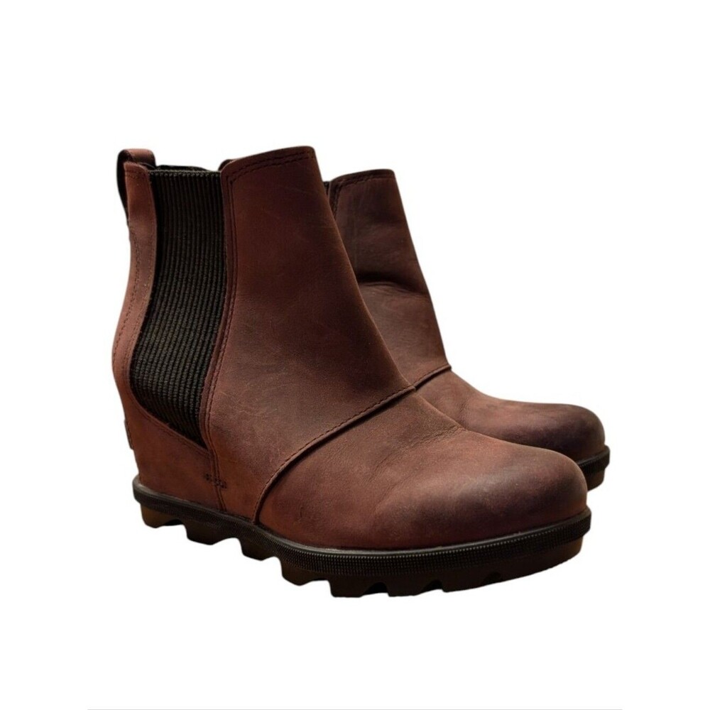 Sorel Joan of Arctic Wedge Chelsea Boots Brown-burgundy Leather Waterproof 6.5